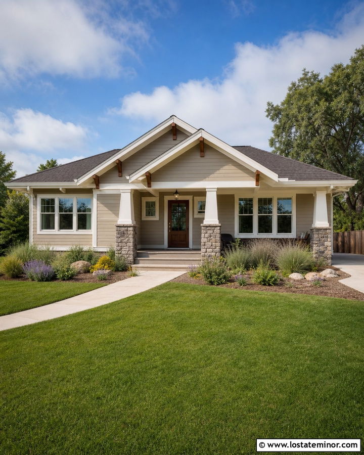 Beige Bungalow With Decorative Gable Brackets - 30 Beige House Design With Gables Ideas