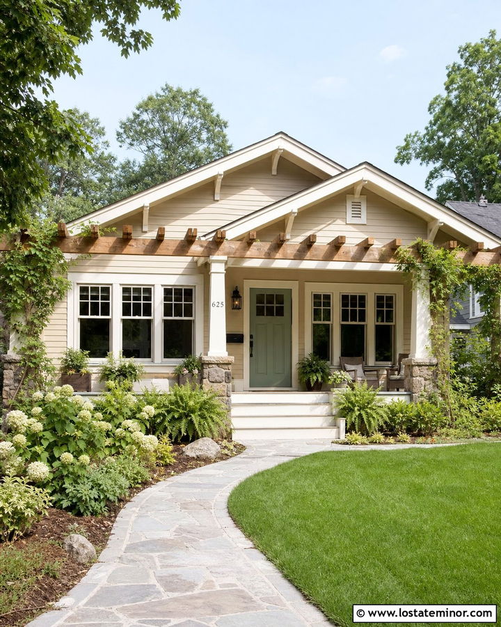 Beige Bungalow With Front Porch Pergola - 30 Beige House Design With Pergola Ideas