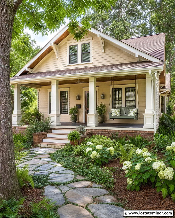 Beige Bungalow With Green Porch Swing - 30 Beige House Design With Swing Ideas