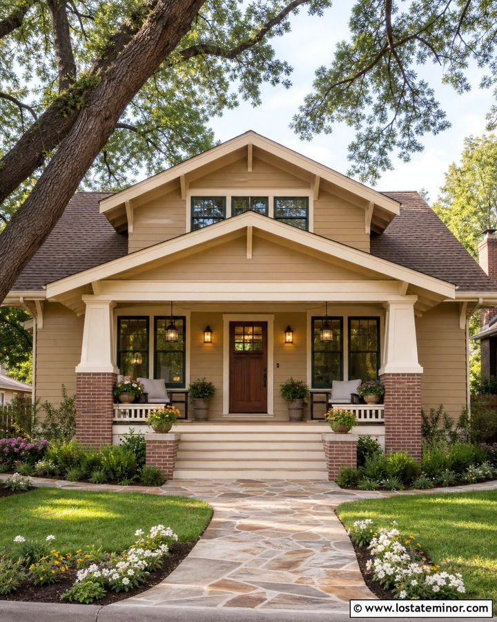 Beige Bungalow With Hanging Porch Lights - 30 Beige House Design With Lighting Ideas