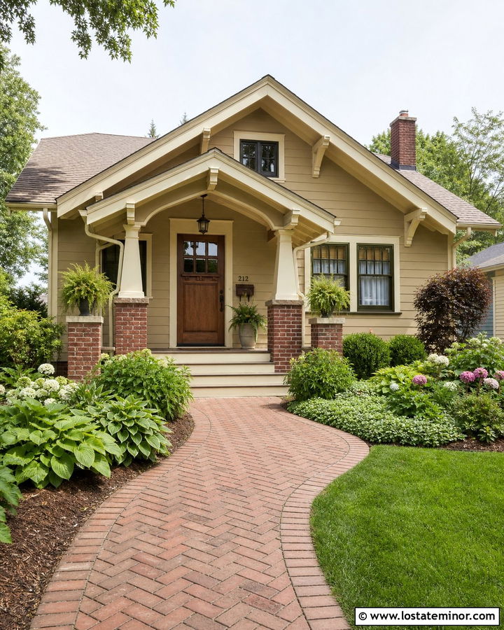 Beige Bungalow With Herringbone Brick Walkway - 30 Beige House Design With Walkway Ideas