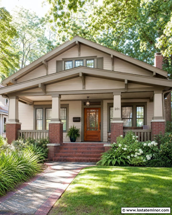 Beige Bungalow With Low Gable Portico - 30 Beige House Design With Portico Ideas