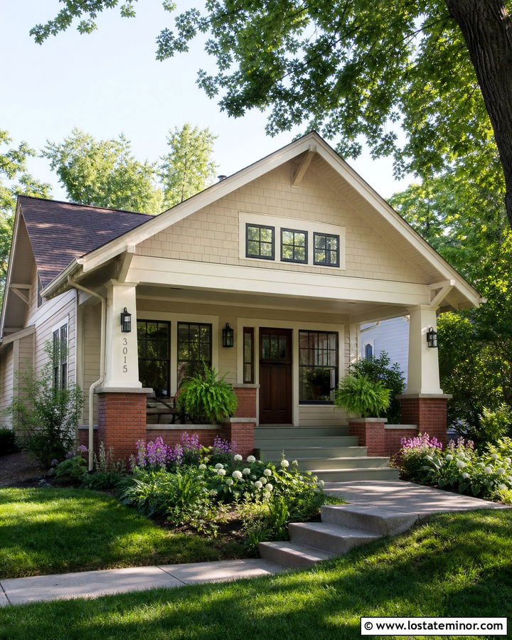 Beige Bungalow With Porch Column Numbers - 30 Beige House Design With House Numbers Ideas