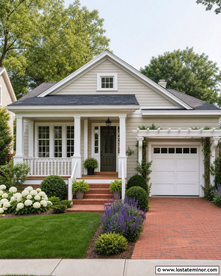 Beige Bungalow With Red Brick Driveway - 30 Beige House Design With Driveway Ideas
