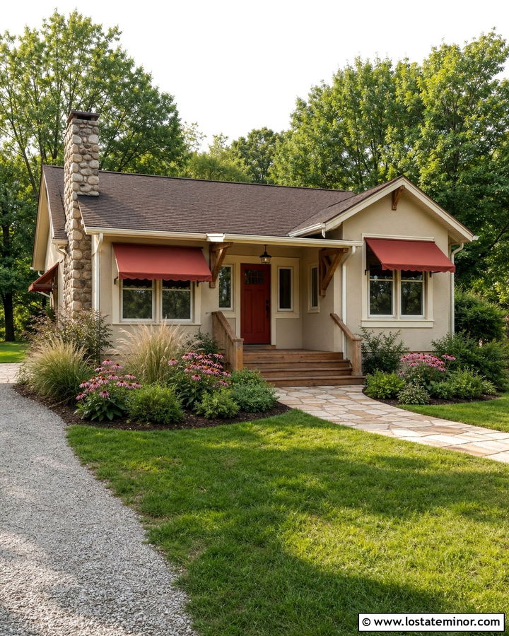 Beige Bungalow With Rust Red Awnings - 30 Beige House Design With Awning Ideas