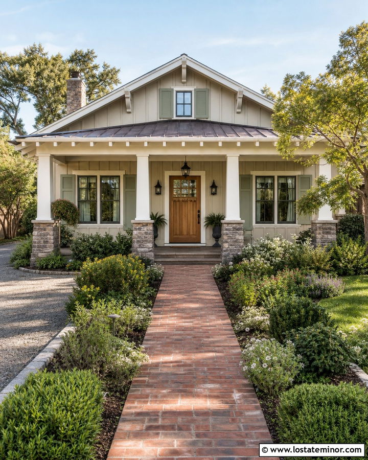Beige Bungalow With Sage Green Shutters - 30 Beige House Design With Shutters Ideas