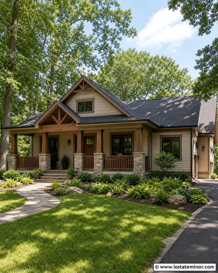 Beige Bungalow With Stained Wood Railings - 30 Beige House Design With Railings Ideas