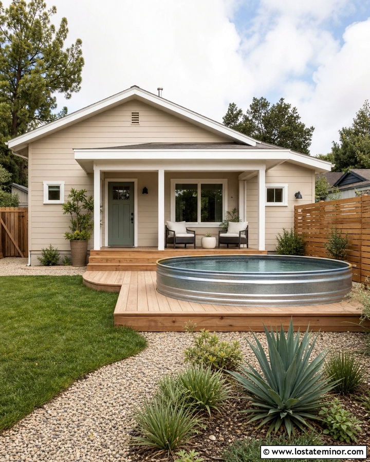 Beige Bungalow With Stock Tank Pool - 30 Beige House Design With Swimming Pool Ideas