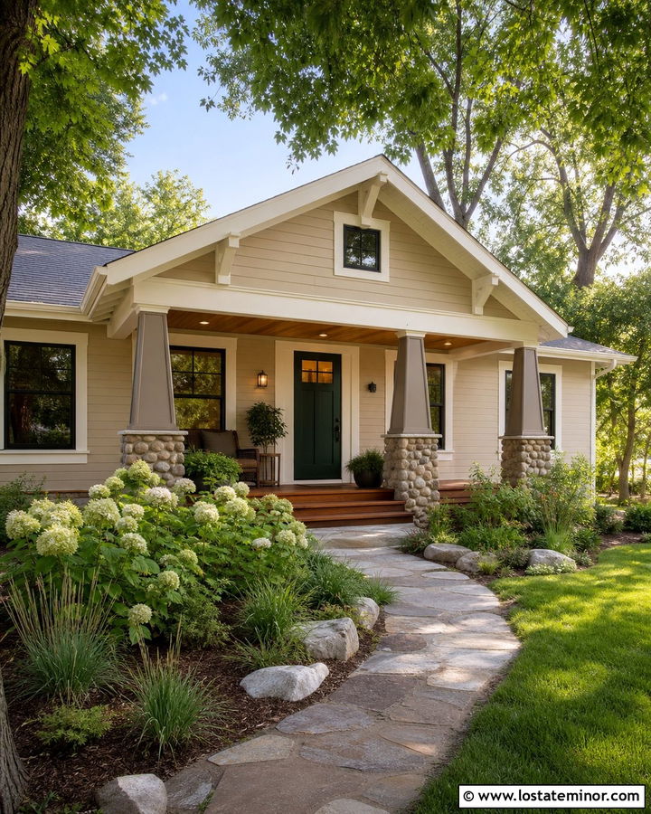 Beige Bungalow With Tapered Porch Columns - 30 Beige House Design With Front Porch Ideas