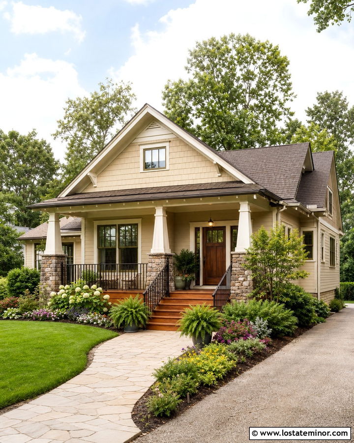 Beige Bungalow With Wood Porch Steps - 30 Beige House Design With Steps Ideas