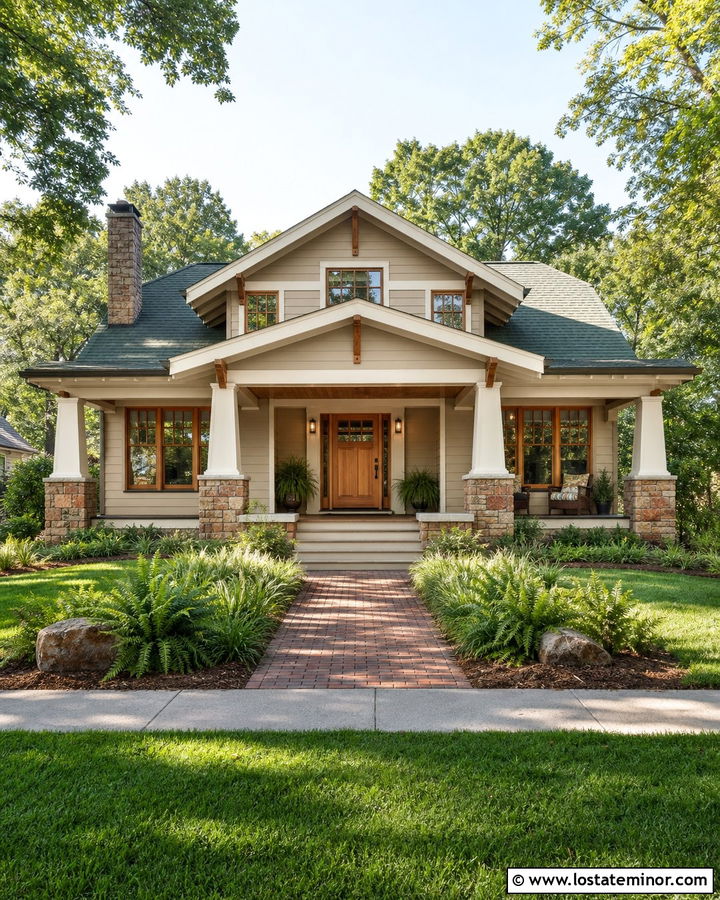 Beige Bungalow With Wood Window Frames - 30 Beige House Design With Window Frames Ideas