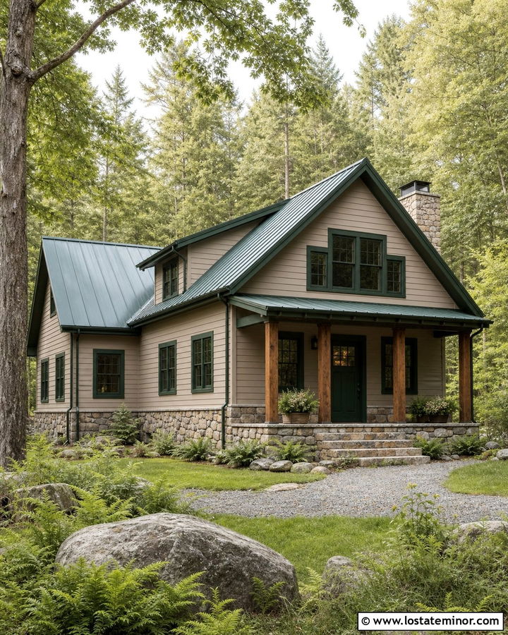 Beige Cabin With Forest Green Window Frames - 30 Beige House Design With Window Frames Ideas