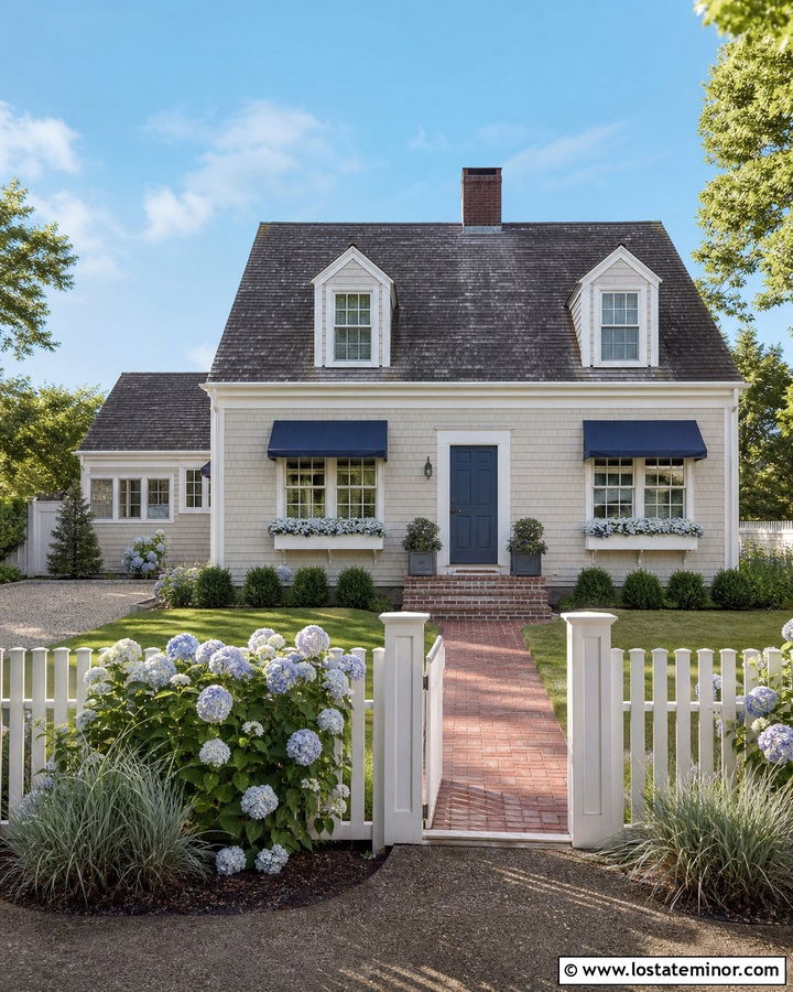 Beige Cape Cod House With Blue Awnings - 30 Beige House Design With Awning Ideas