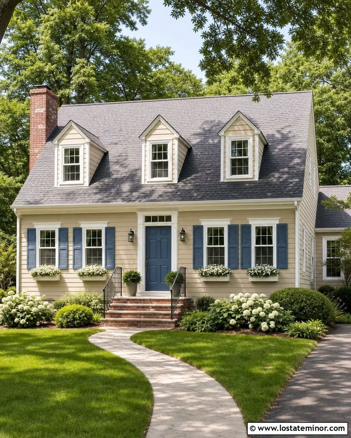 Beige Cape Cod House With Blue Shutters - 30 Beige House Design With Shutters Ideas