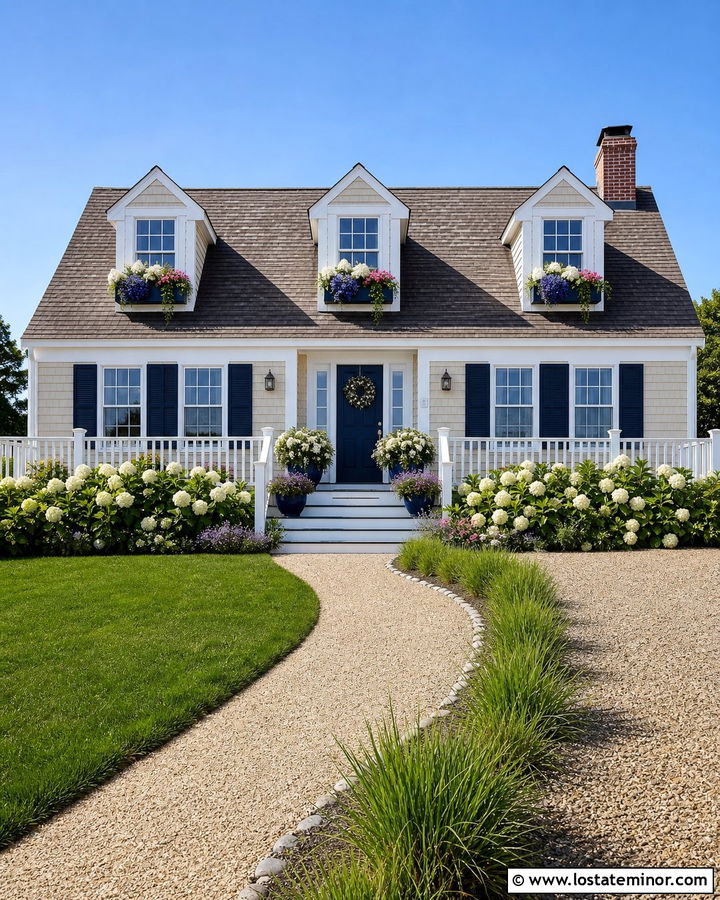 Beige Cape Cod House With Blue Window Boxes - 30 Beige House Design With Window Boxes Ideas