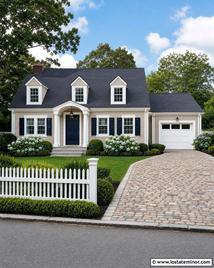 Beige Cape Cod House With Cobblestone Driveway - 30 Beige House Design With Driveway Ideas