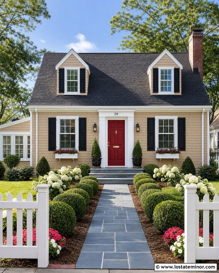 Beige Cape Cod House With Slate Walkway - 30 Beige House Design With Walkway Ideas