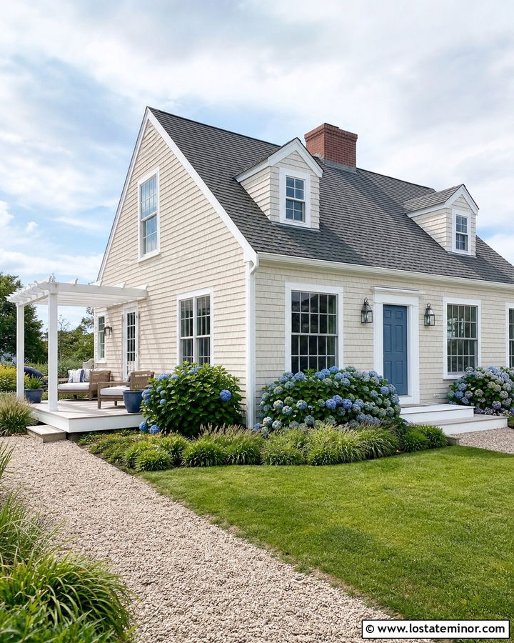 Beige Cape Cod House With White Pergola - 30 Beige House Design With Pergola Ideas