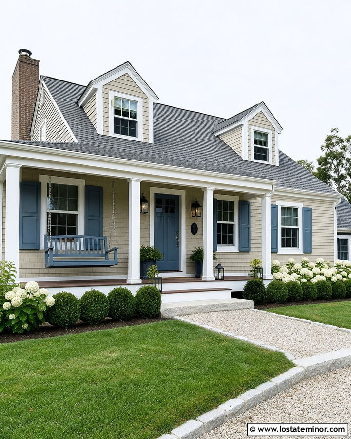 Beige Cape Cod With Blue Porch Swing - 30 Beige House Design With Swing Ideas