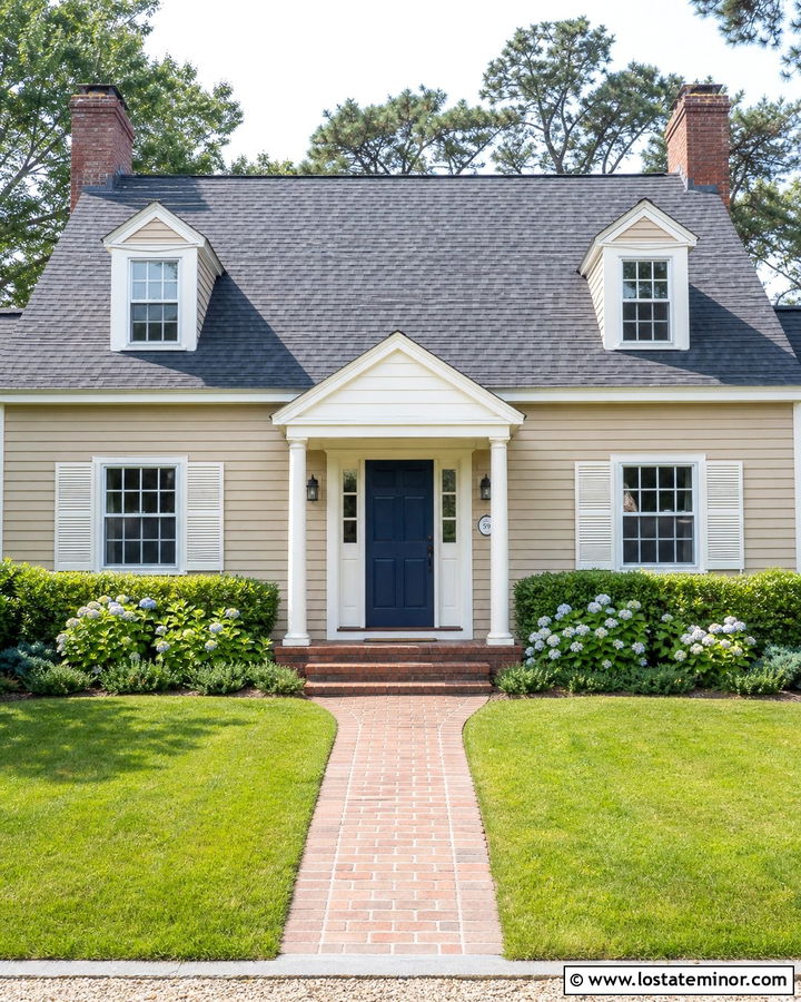 Beige Cape Cod With Small Front Portico - 30 Beige House Design With Portico Ideas