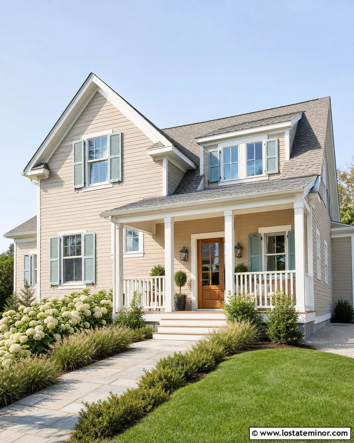 Beige Coastal House With Aqua Shutters - 30 Beige House Design With Shutters Ideas