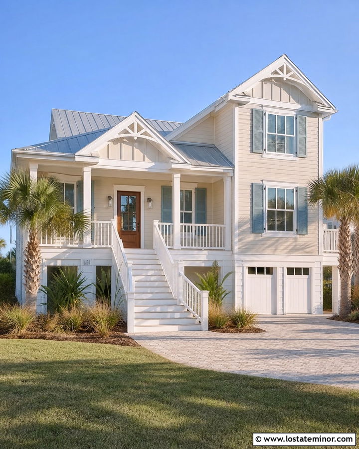 Beige Coastal House With Bahama Shutters - 30 Beige House Design With Shutters Ideas