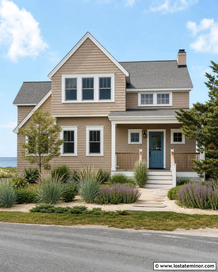 Beige Coastal House With Blue Green Plants - 30 Beige House Design With Landscaping Ideas