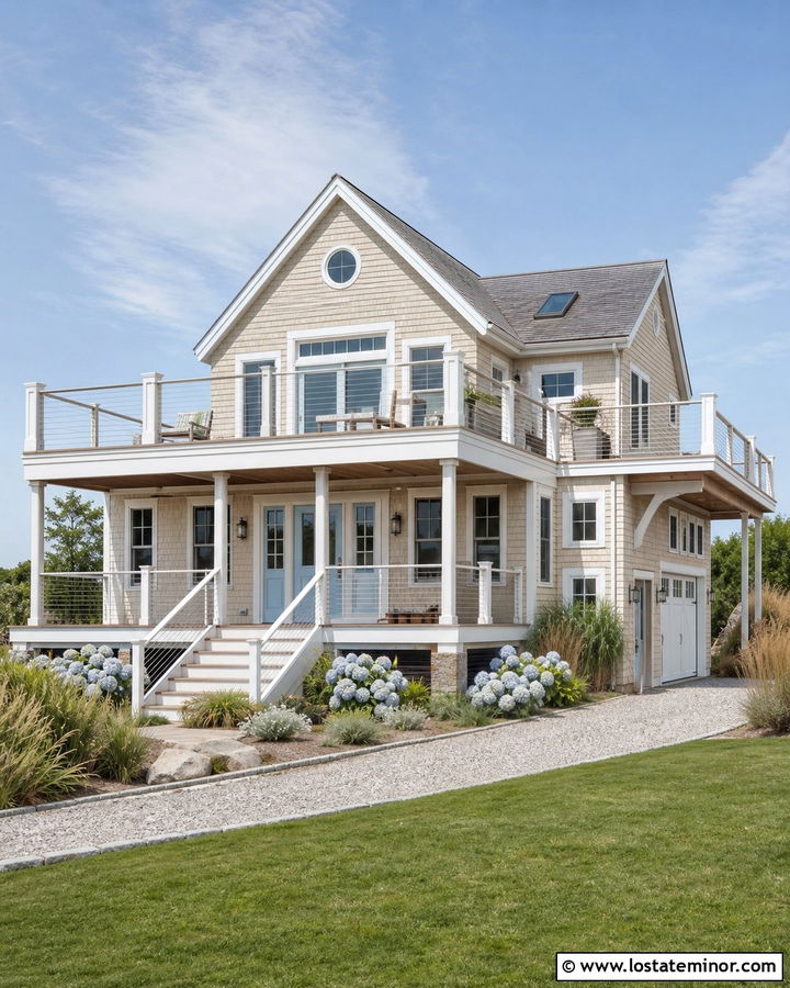 Beige Coastal House With Cable Deck Railings - 30 Beige House Design With Railings Ideas