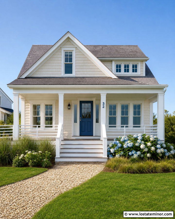 Beige Coastal House With Navy Numbers - 30 Beige House Design With House Numbers Ideas