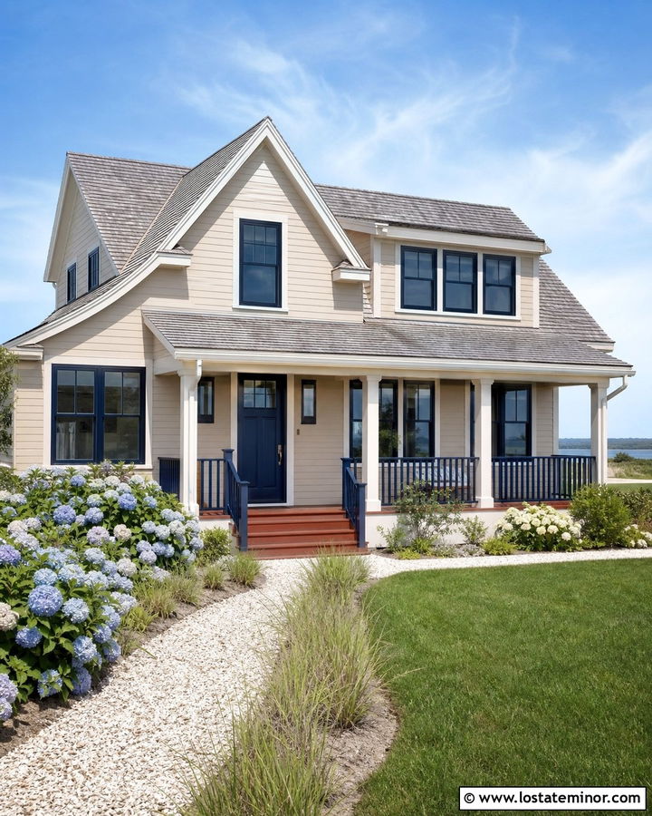 Beige Coastal House With Navy Window Frames - 30 Beige House Design With Window Frames Ideas