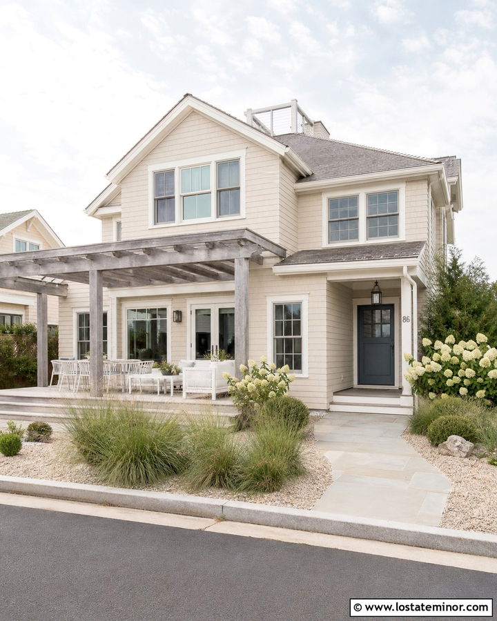 Beige Coastal House With Weathered Wood Pergola - 30 Beige House Design With Pergola Ideas