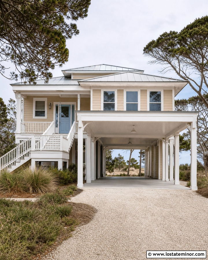 Beige Coastal House With White Carport - 30 Beige House Design With Carport Ideas