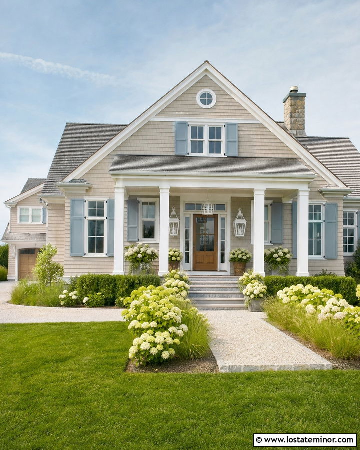 Beige Coastal House With White Lanterns - 30 Beige House Design With Lighting Ideas