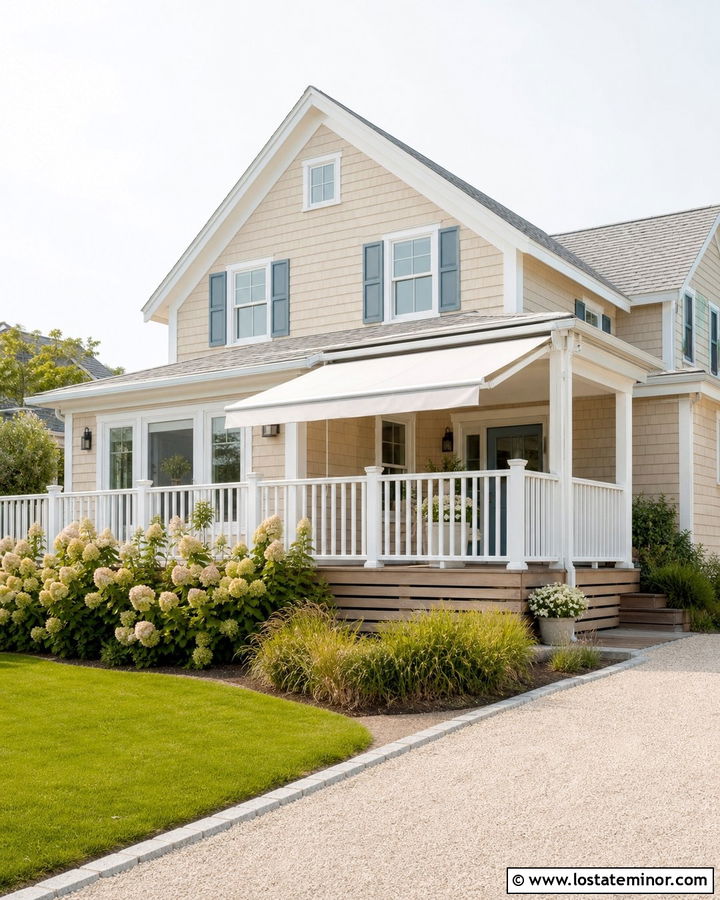 Beige Coastal House With White Retractable Awning - 30 Beige House Design With Awning Ideas