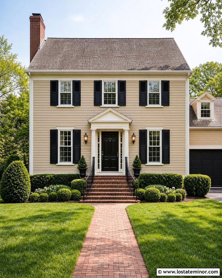 Beige Colonial House With Black Iron Railings - 30 Beige House Design With Railings Ideas
