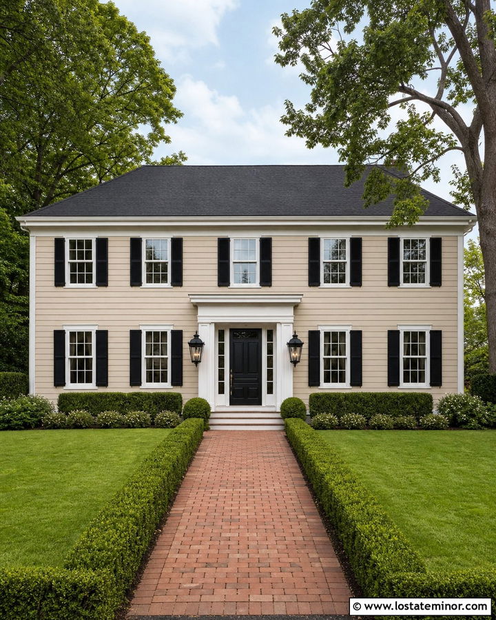 Beige Colonial House With Black Lanterns - 30 Beige House Design With Lighting Ideas