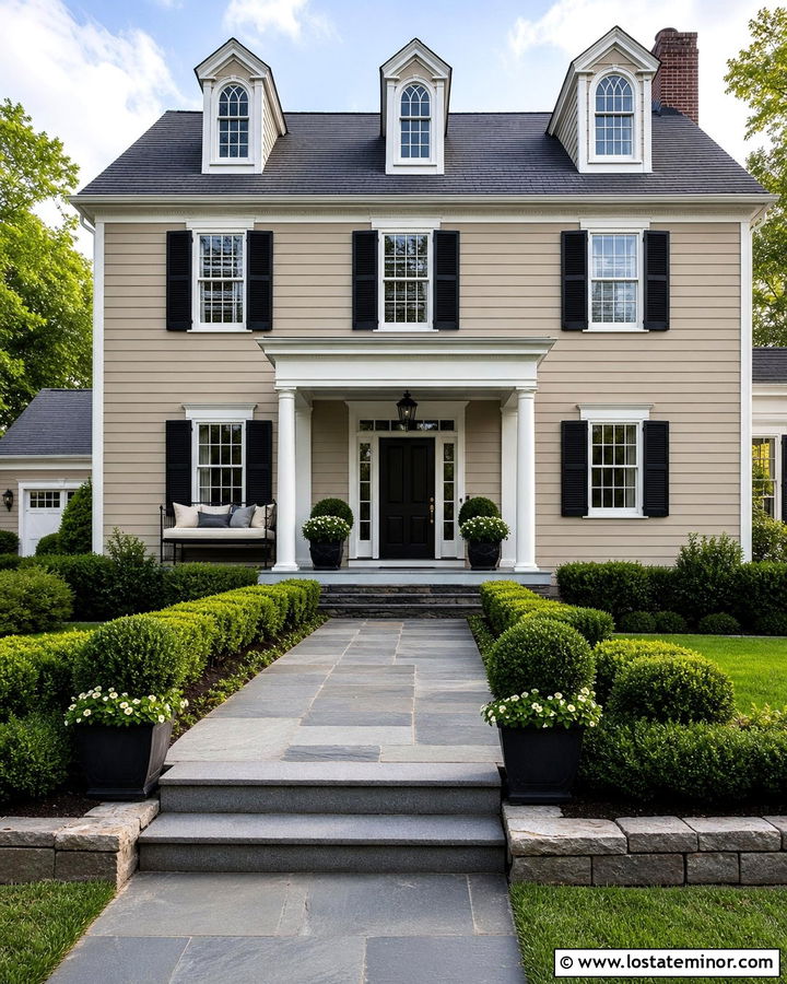 Beige Colonial House With Black Metal Daybed - 30 Beige House Design With Daybed Ideas