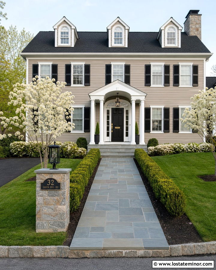 Beige Colonial House With Bluestone Walkway - 30 Beige House Design With Walkway Ideas