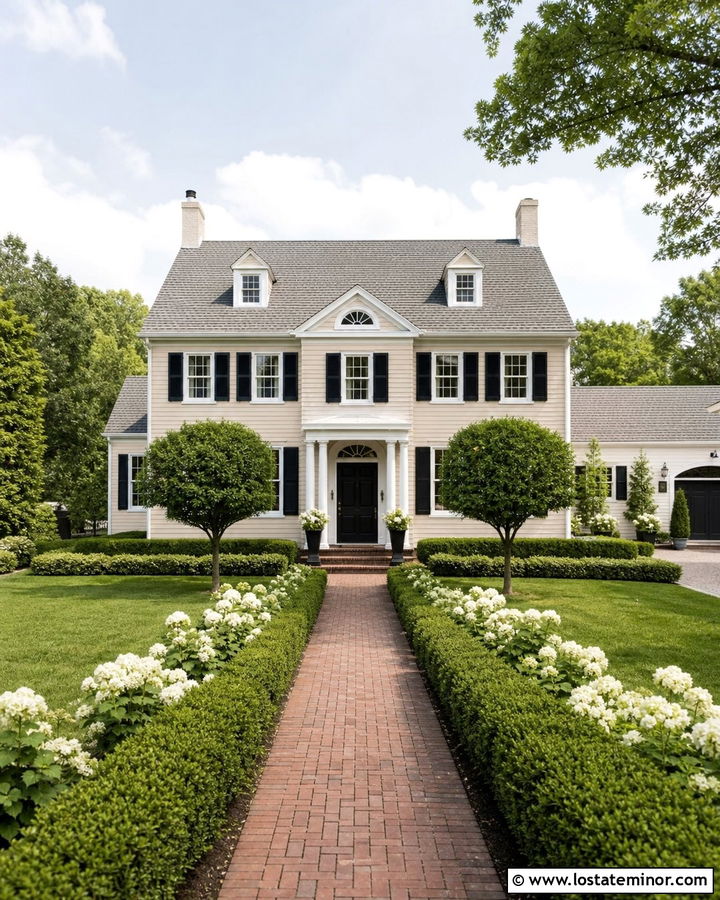 Beige Colonial House With Boxwood Walkway - 30 Beige House Design With Front Yard Ideas