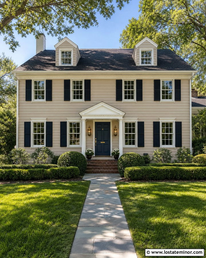 Beige Colonial House With Brass Lanterns - 30 Beige House Design With Light Fixtures Ideas