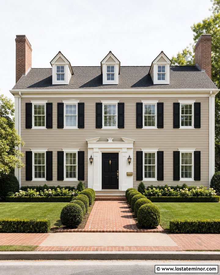 Beige Colonial House With Brass Mailbox - 30 Beige House Design With Mailbox Ideas