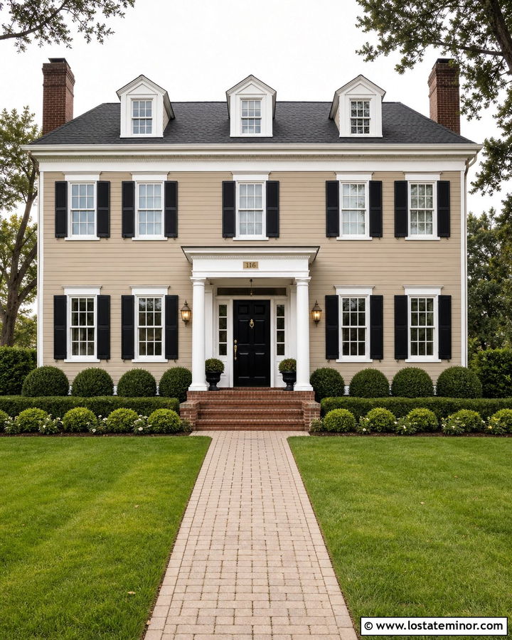 Beige Colonial House With Brass Numbers - 30 Beige House Design With House Numbers Ideas