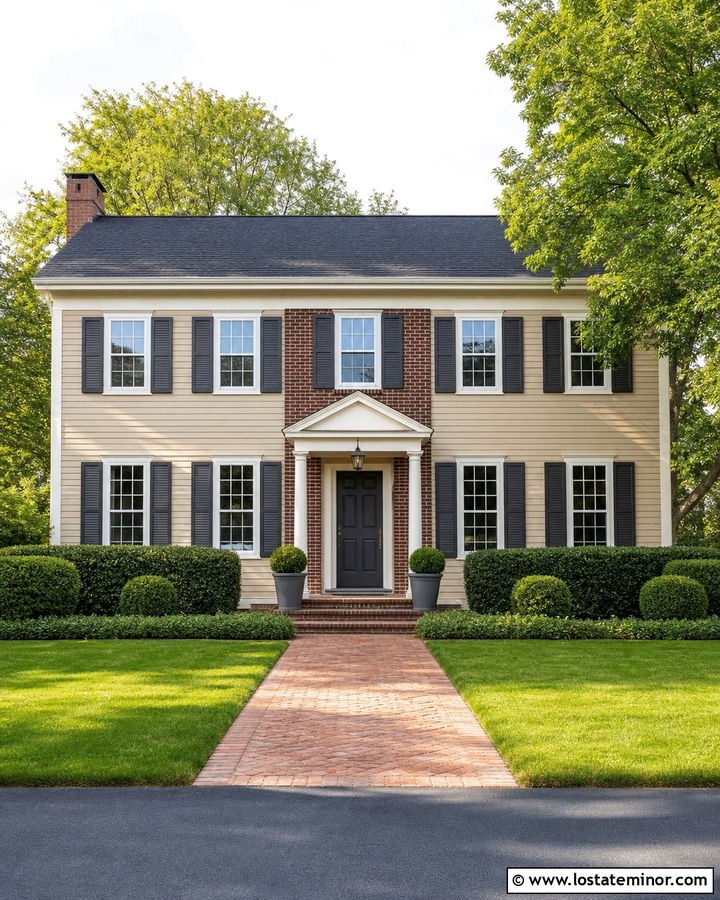 Beige Colonial House With Brick Entry - 30 Beige House Design With Brick Accents Ideas