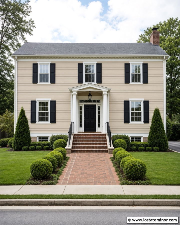 Beige Colonial House With Brick Steps - 30 Beige House Design With Steps Ideas