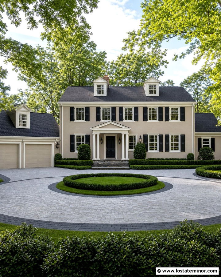 Beige Colonial House With Circular Driveway - 30 Beige House Design With Driveway Ideas