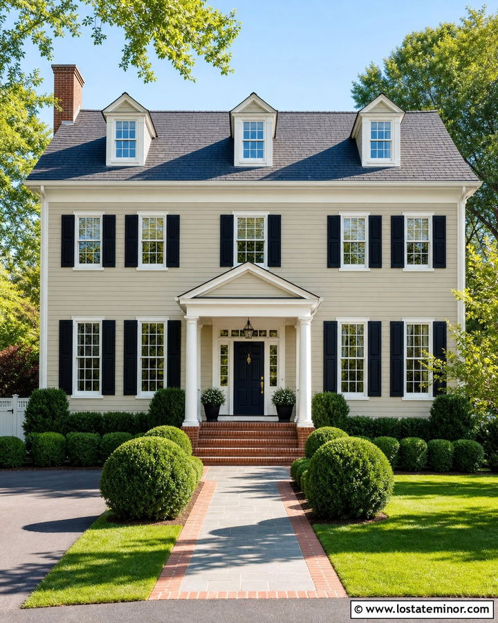 Beige Colonial House With Columned Front Porch - 30 Beige House Design With Front Porch Ideas
