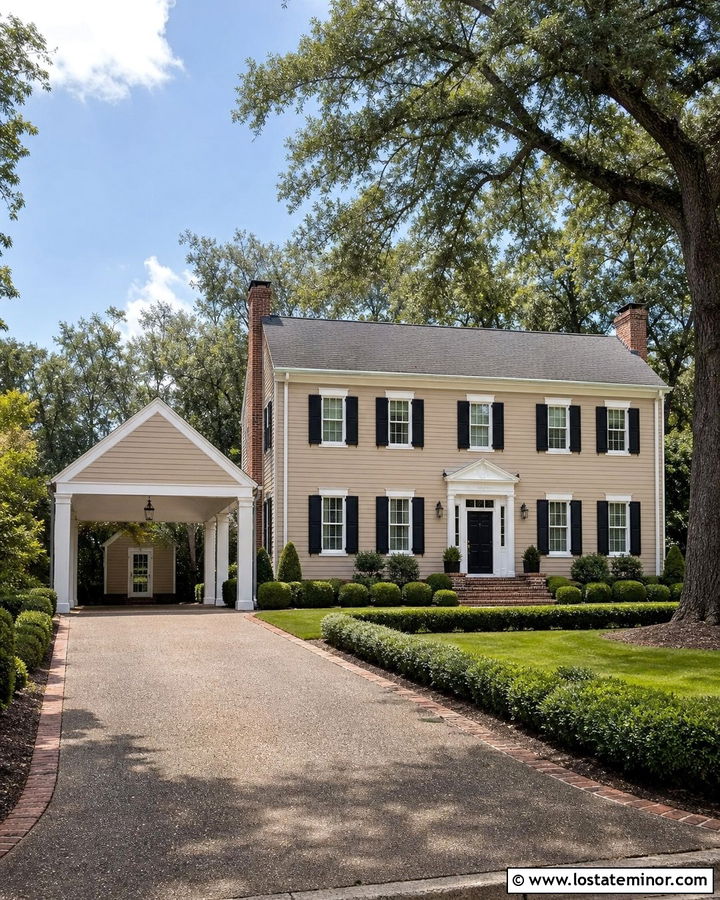 Beige Colonial House With Detached Carport - 30 Beige House Design With Carport Ideas