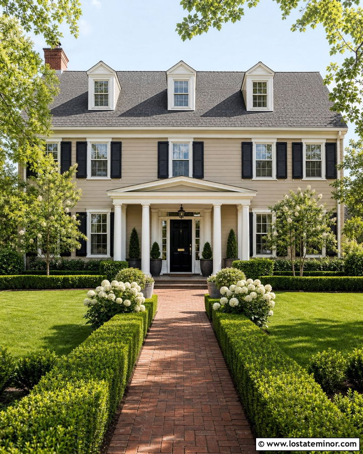 Beige Colonial House With Formal Hedges - 30 Beige House Design With Landscaping Ideas