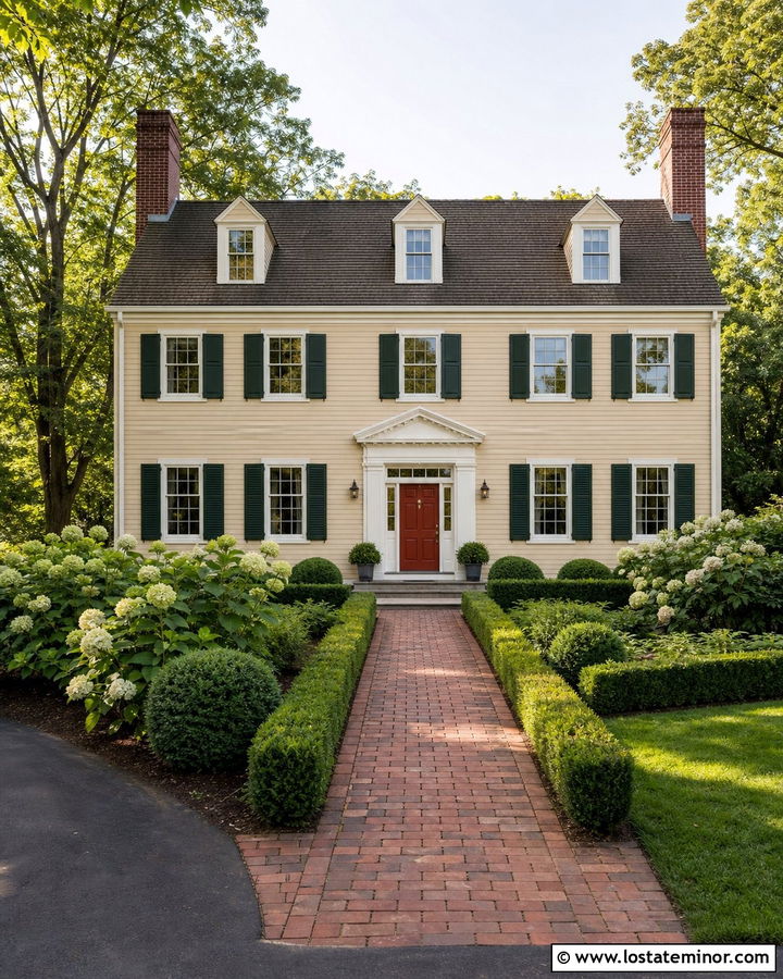 Beige Colonial House With Green Shutters - 30 Beige House Design With Shutters Ideas