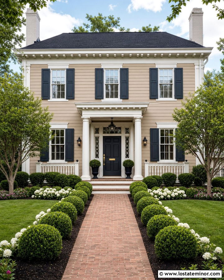 Beige Colonial House With Navy Accents - 30 Beige House Design With Accents Ideas